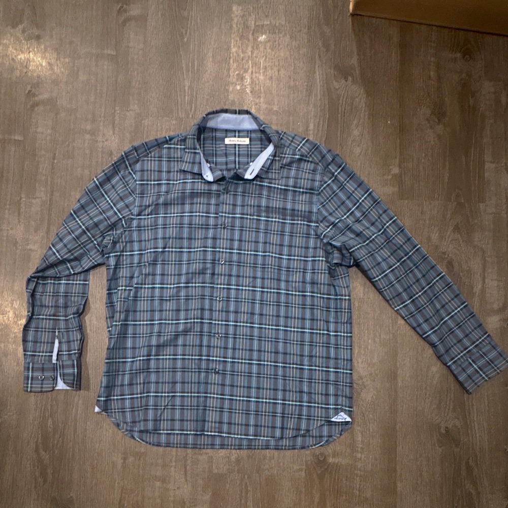 Tommy Bahama XL Blue Gray Plaid Woven Long Sleeve Button-Up Shirt